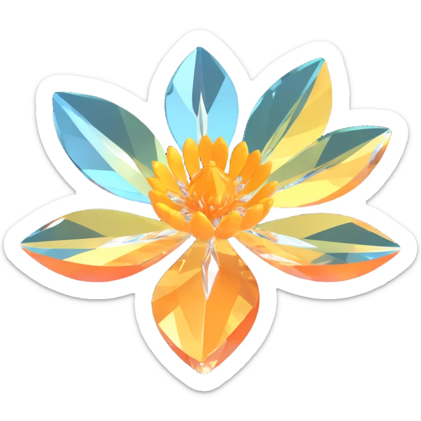 A crystal flower with faceted petals, glowing softly, in a modern 3D illustration style. sticker