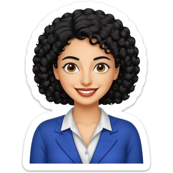 30 year old iranian woman very short curly black hair, big brown eyes, tanned skin, big smile, white teeth, pretty, stylish sticker