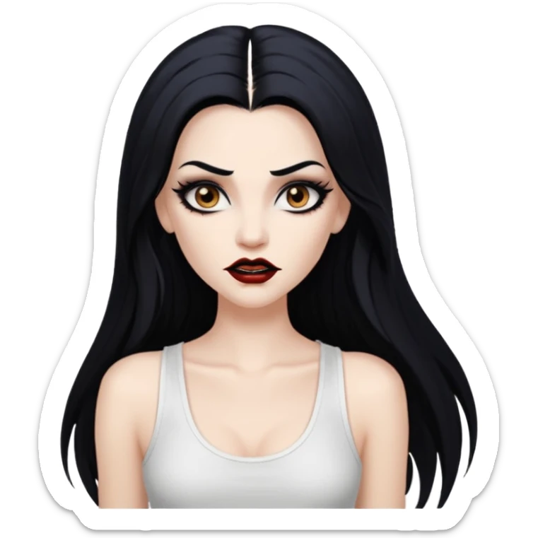 White woman with a white tank top long black hair glossy middle part long hair vamp look with fangs brown eyes eyeliner winged with lashes top and bottom white border big lips black eyebrows sticker