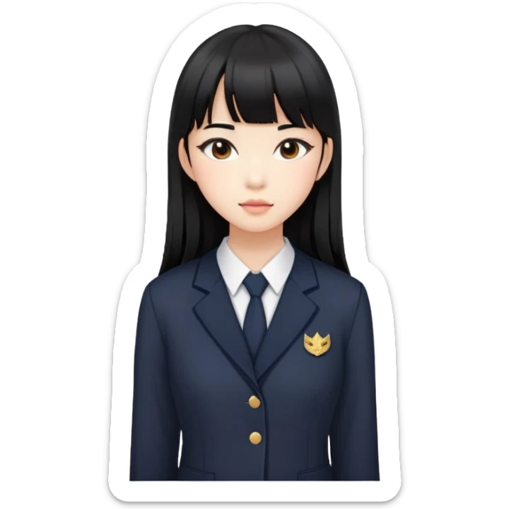 Asian woman in a chic school uniform, long black hair with straight bangs, and visible makeup sticker