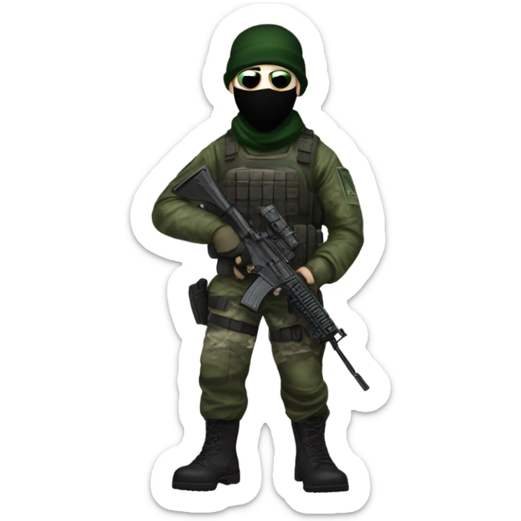 white male, pale skin, call of duty black mask, green camo tactical gear, combat boots, black beanie, hazel eyes sticker