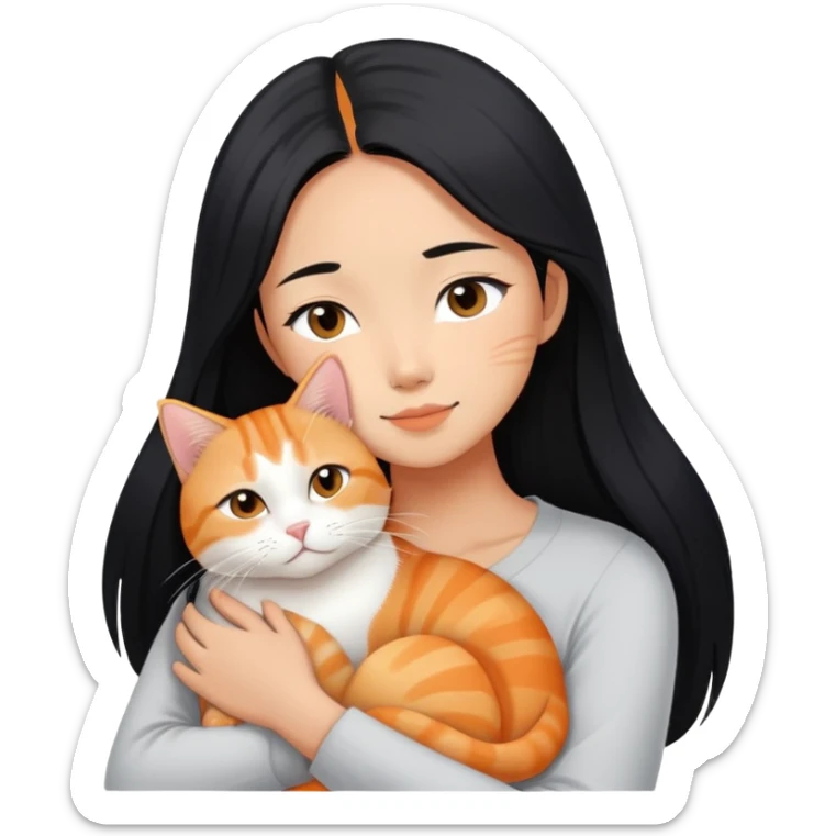 Young Asian woman with long straight black hair cuddling a white and orange tabby cat, gentle embrace, affectionate pose sticker