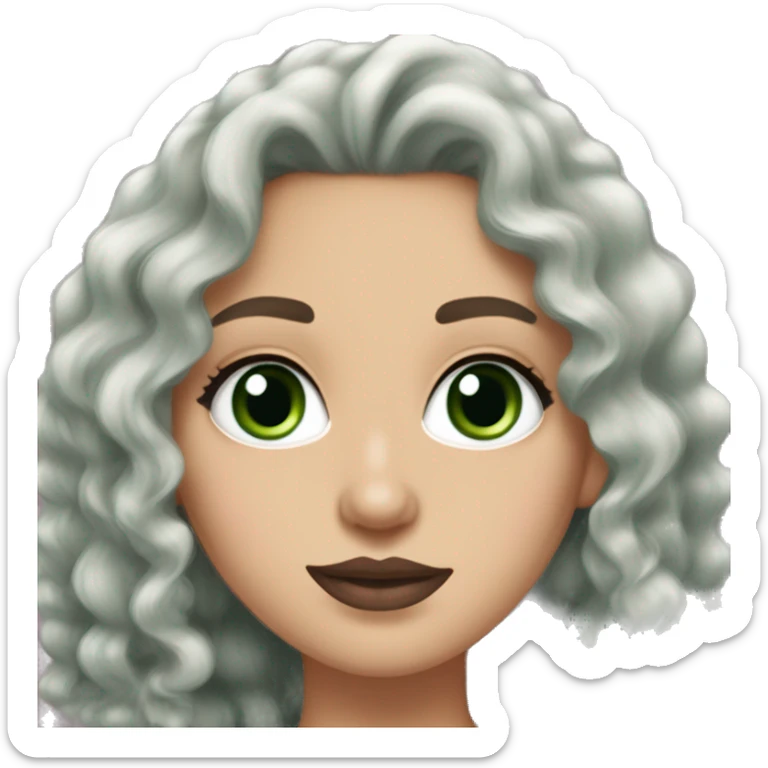 white girl, green eyes, BLACk long curly/wavy hair, cute earrings, green v-neck top, mascara mauve lipstick sticker