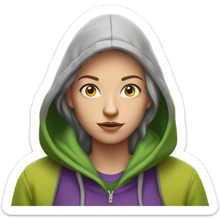 white woman who is homeless, disheveld wearing green hoodie and purple shirt with yellowish eyes sticker