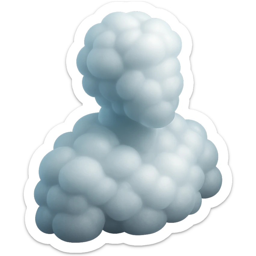 shoulder-up person fully made of white fluffy bulging clouds, matte glass style sticker