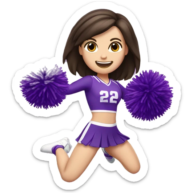 Caucasian cheerleader with dark brown hair, jumping and holding up two purple Pom poms, small full body emoji sticker