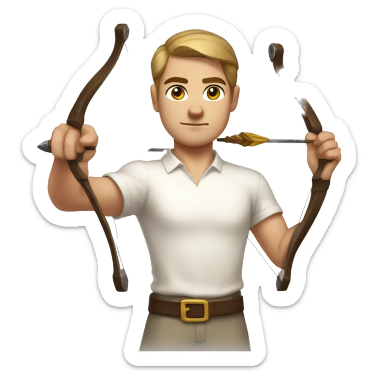 a male archer bending a bow, wearing a white shirt, very short brown hair, bright skin, only show upper part of the body from waist up sticker