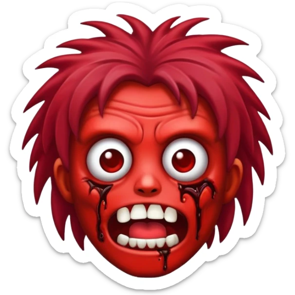 Emoji de zumbi com cabelo vermelho escuro, médio, de olhos castanhos escuros  sticker
