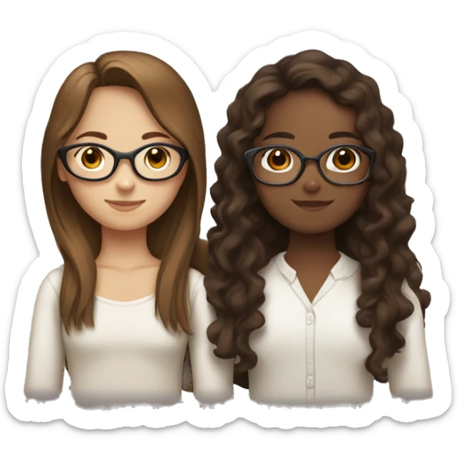 Two girls hugging, one with white skin and with long straight brown hair with glasses and the other girl with brown skin long dark brown curly hair  sticker