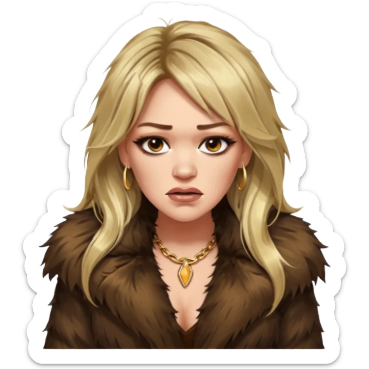 Cinematic realistic ultra HD angry, moody, glamorous extremely made up Hilary Duff extremely long long hair in shaggy fur coat with bronze flash sticker