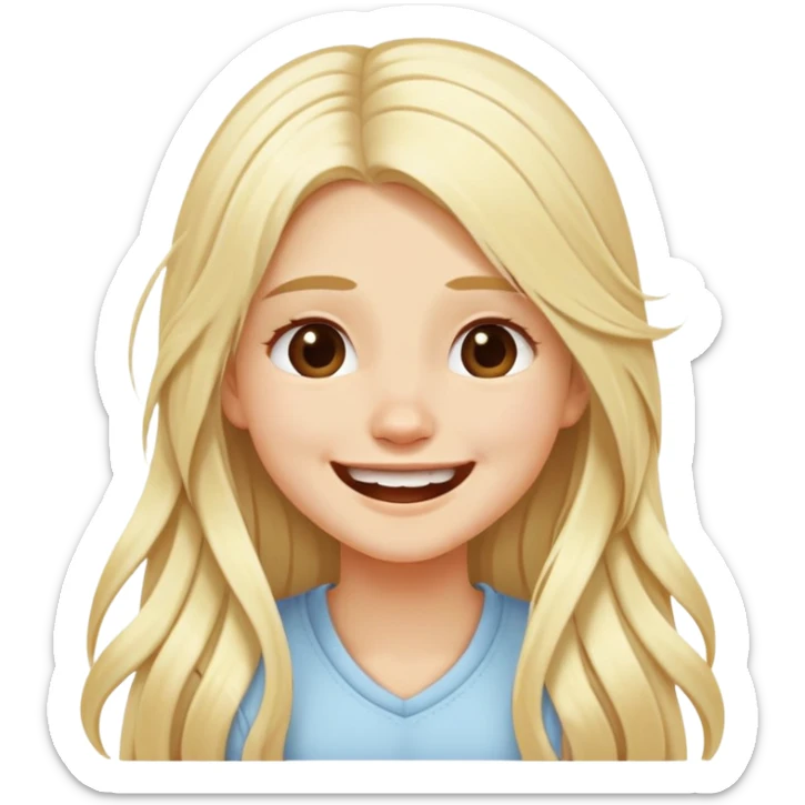 A girl with long blond hair and two white strands of hair at her face sits and laughs sticker