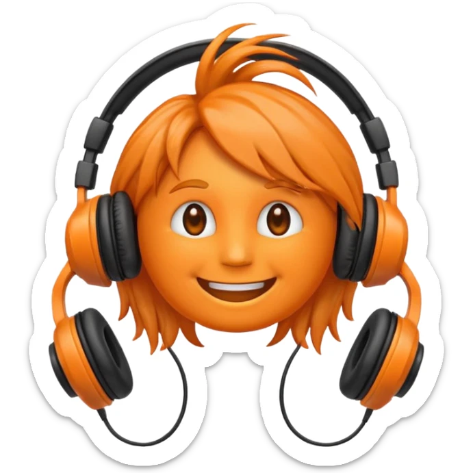 Orange happy face emoji with a couple of hair,headphones,and antennas. sticker