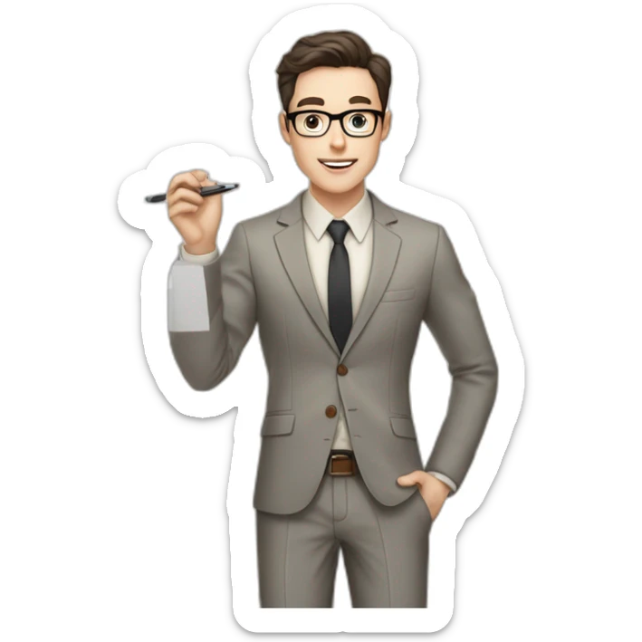 Pale skinned fit man with dark brown hair in gray jacket, beige office shirt, brown tie, brown pants and vintage glasses Writing on a marker board sticker