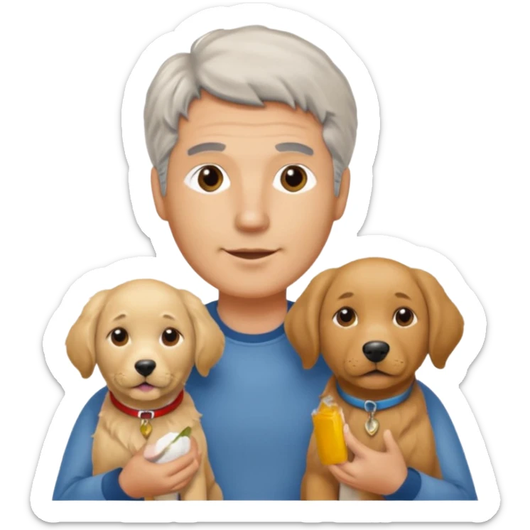 Italian man. No moustache. with salt and pepper hair holding a golden retriever and a labrador dog sticker