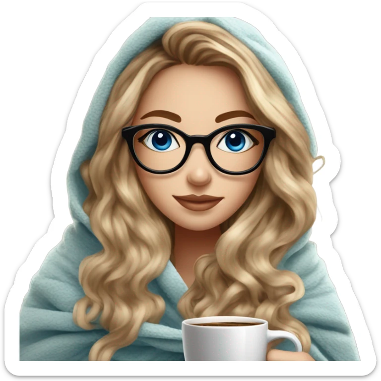 Balayage hair Girl drinking coffee, with a cozy blanket wearing glasses with blue eyes photo beautiful  sticker