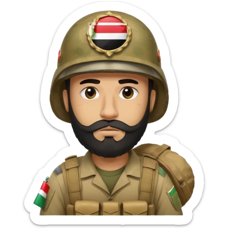 A tired, swarthy Iraqi soldier with a beard, an Iraqi flag on his helmet, a sad expression and bags under his eyes sticker