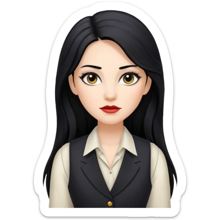 portrait of adult woman, formal vest, makeup, long black hair sticker