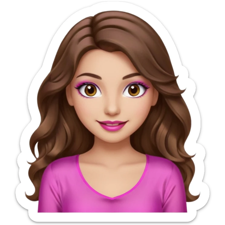 girl with long wavy brown hair, brown eyes, long lashes makeup, sexy pink lips, light to medium complexion, wearing a pink sexy silk top, smiling sticker