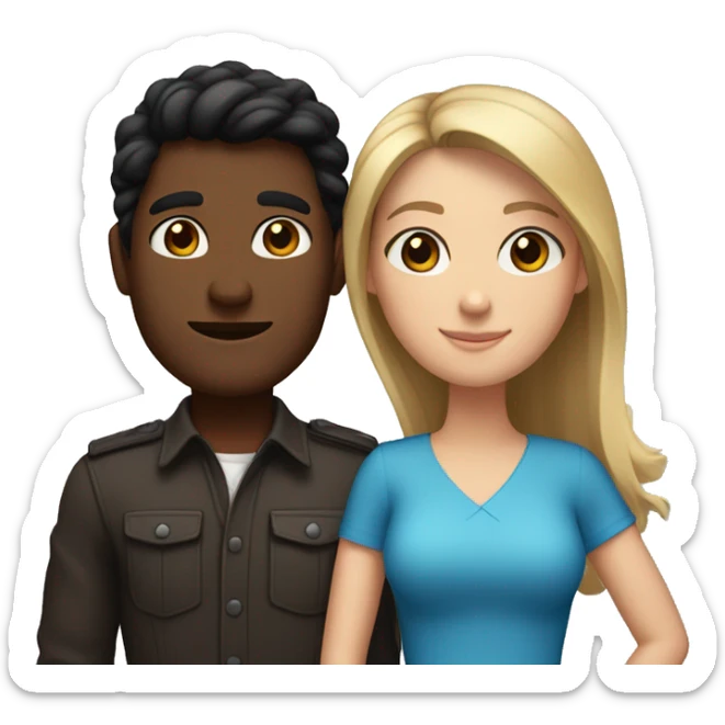 Couple with arms around each other. man with brown skin and black hair. Shorter white woman with long brown hair and blue eyes  sticker