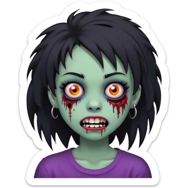 girl, zombie, black coily hair, medium long, emo, shaggy, dark, spooky, piercing on eyebrow, colourful teeth, creepy blank expression sticker