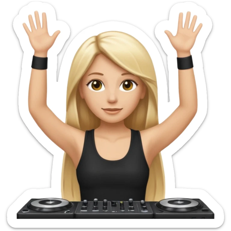 I want a white female dj animated gif emoji with long straight blonde hair putting hands up in the air. Wearing a black tight top with no sleeve sticker