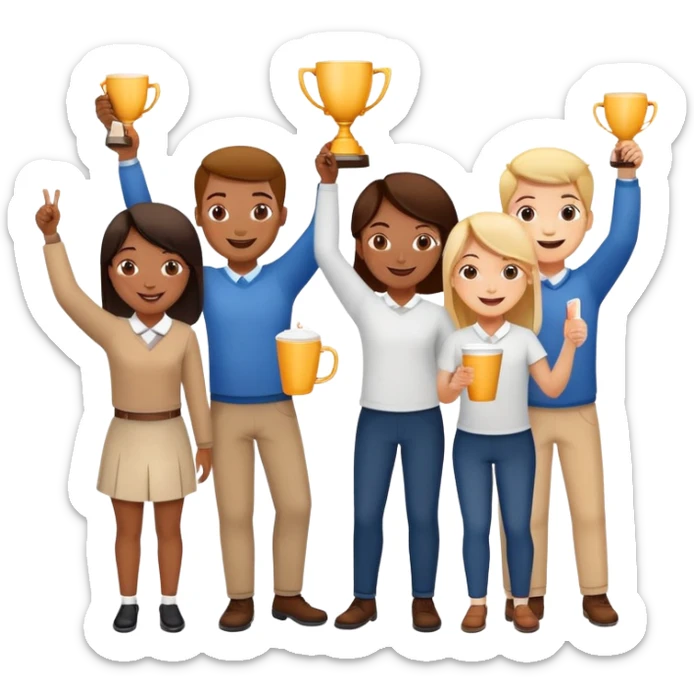 A team of the best happy employees of the bank. Everyone is different, but very friendly. There are girls and boys. They won and celebrate the victory. There are 5 of them. And keep holding onto the cup. sticker