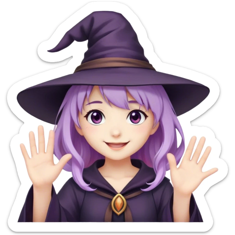 anime girl with lilac hair in a witch hat waving and smiling sticker