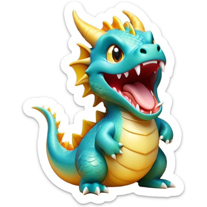 Cinematic Cute Yawning Dragon Portrait Emoji, Head tilted slightly with a dramatic, wide-open yawn, showcasing a soft, lustrous scaled body with gently drooping fins and half-closed, drowsy eyes, each scale rendered in exquisite detail under natural light; high shine, relaxed yet expressive, styled with a dash of fantastical charm, soft glowing outline, capturing the essence of a sleepy yet affectionate dragon that appears ready to stretch out and rest in its enchanted lair! sticker