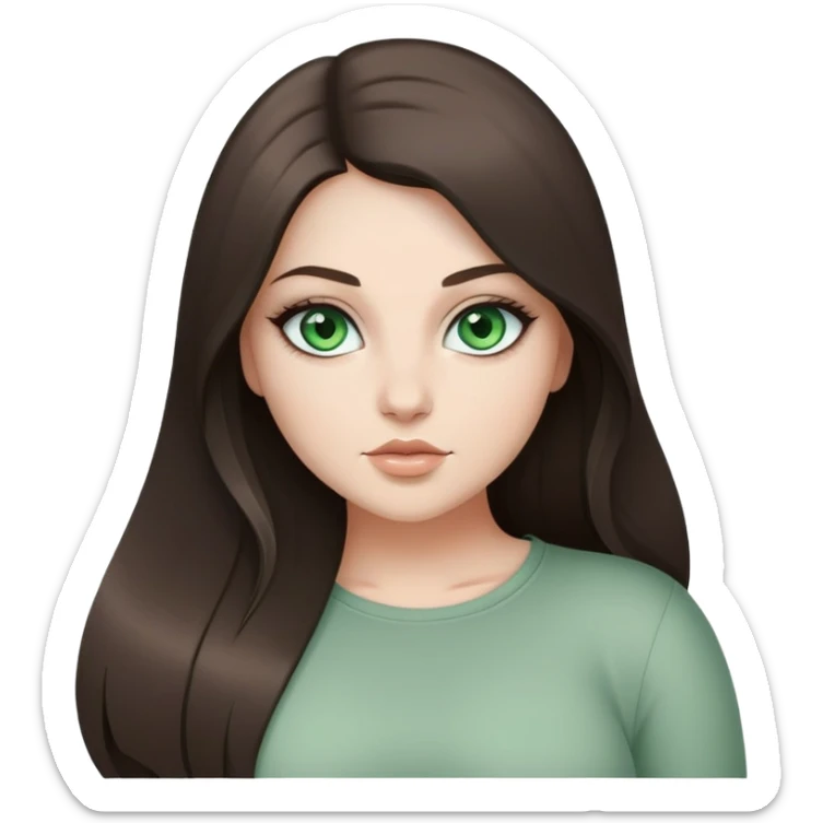 Curvy but beautiful brunette girl, desaturated green eyes, pin straight super long hair, modern style sticker