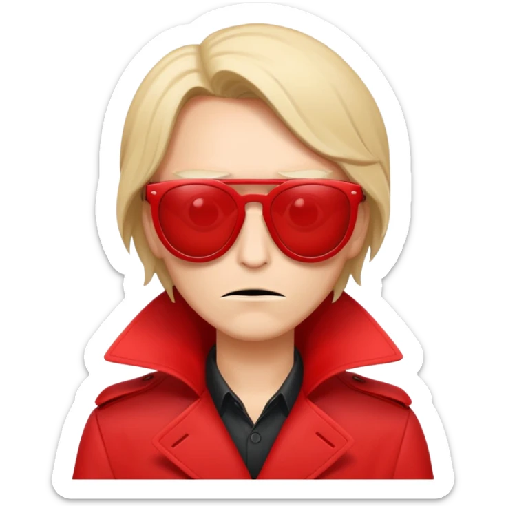 an evil fraudster in red sunglasses and a red trench coat who's hiding his face sticker