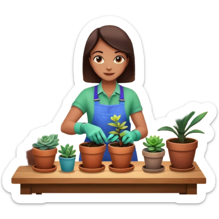 Close-up of a person planting a sapling in a pot. Around, potted plants and succulents with vibrant leaves and flowers. Sunlight filters through the window, casting soft shadows. Cozy indoor space with gardening tools on a wooden table. sticker