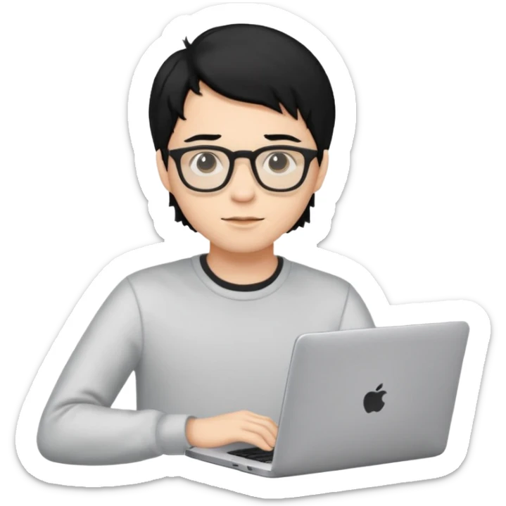 un estudiante con lentes y su laptop CON CAMISA MANGA LARGA Y CABELLO NEGRO sticker