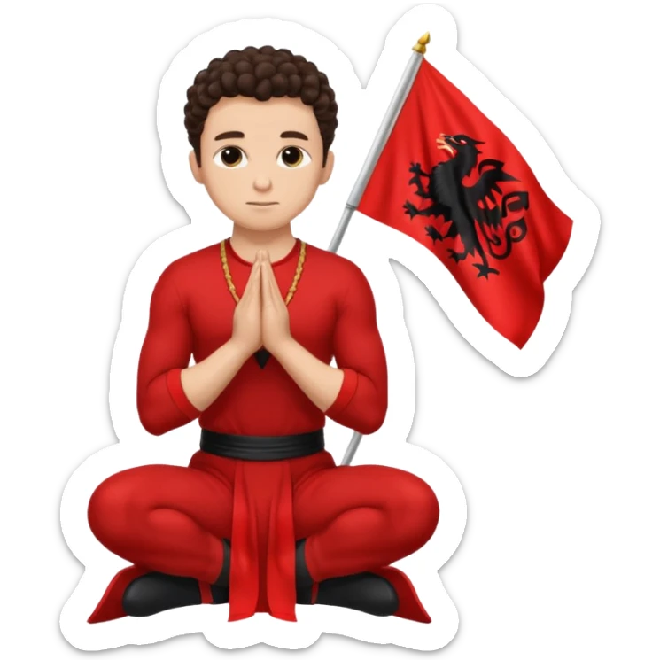 Brunette man clean shaven with slick back curly hair on his knees praying to an Albanian flag sticker