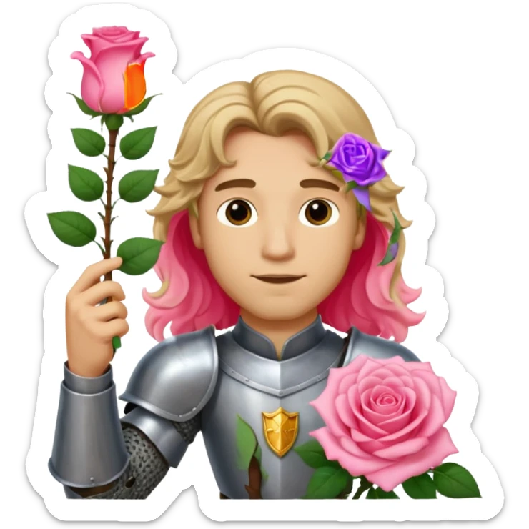 A male knight with light skin and long dark blonde wavy hair holding up a single light pink rose  sticker