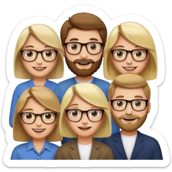 A man with hair and glasses and  a woman with long brown hair and a man with a beard and a woman with a blonde bob sticker