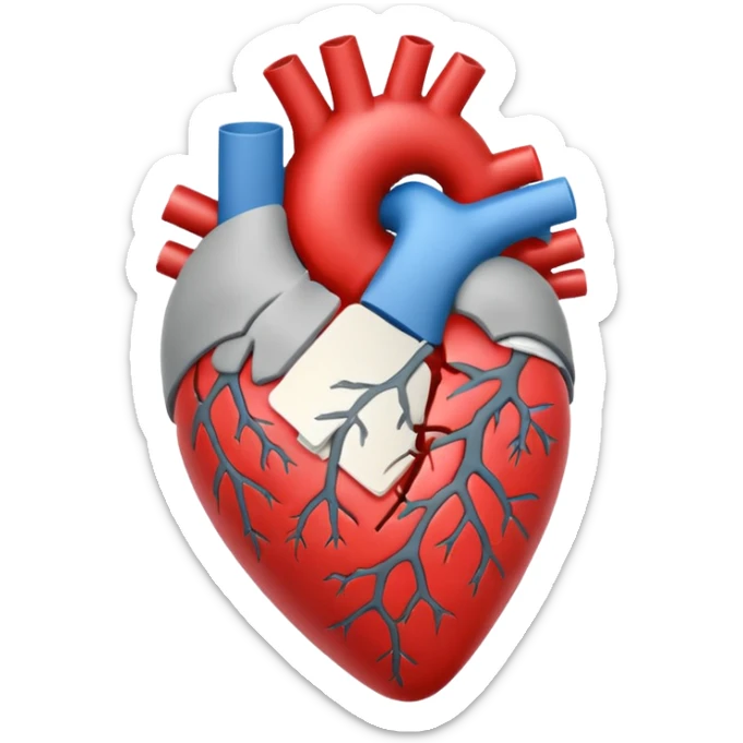 Un corazón humano roto de color gris con grietas  sangrando y expulsando sangre rodeado de vendas y tiritas que se despegan sin hacer efecto sticker