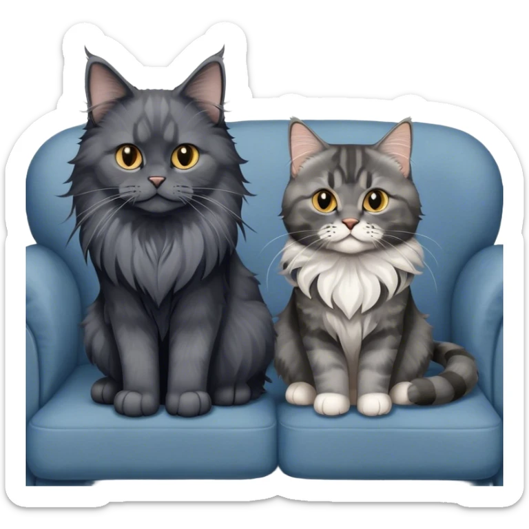 Portrait of a black smoke Maine Coon cat with long grey ear tufts, alongside a British Shorthair cat with a solid blue coat on sofa. Both cats with detailed fur textures and playful expressions. Soft, elegant background of room with warm, natural tones. Transparent background. sticker