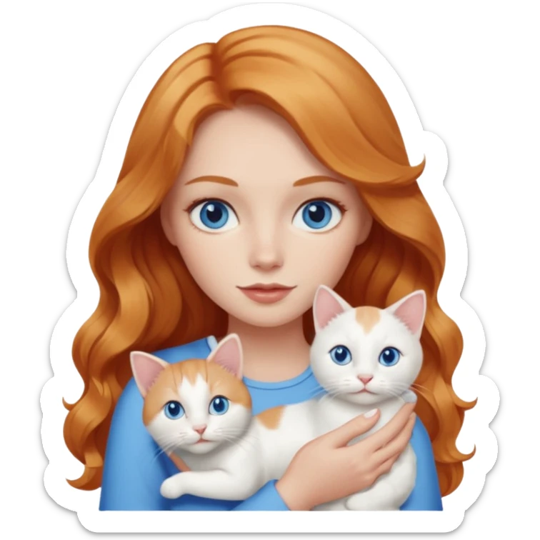 Long wavy strawberry blonde blue eyes woman with a white cat with blue eyes sticker