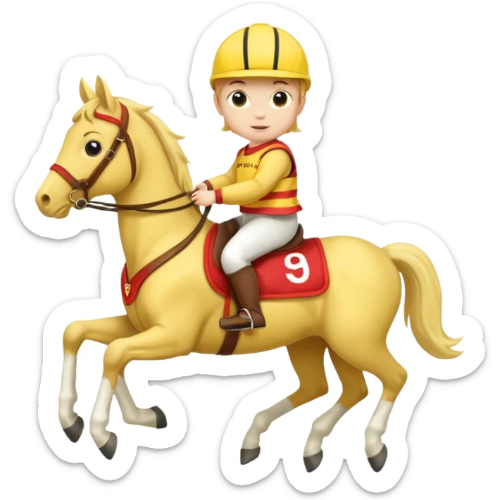 baby riding horse wearing racing cloth yellow number sticker