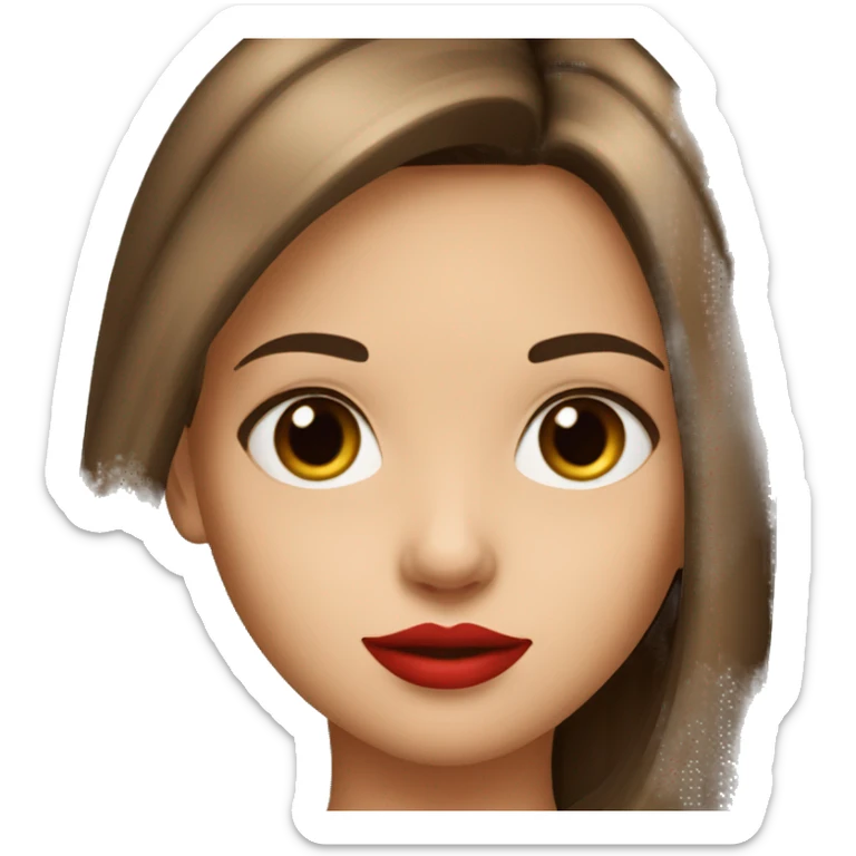 a young girl with long straight brown hair parted in the middle and red lips sticker