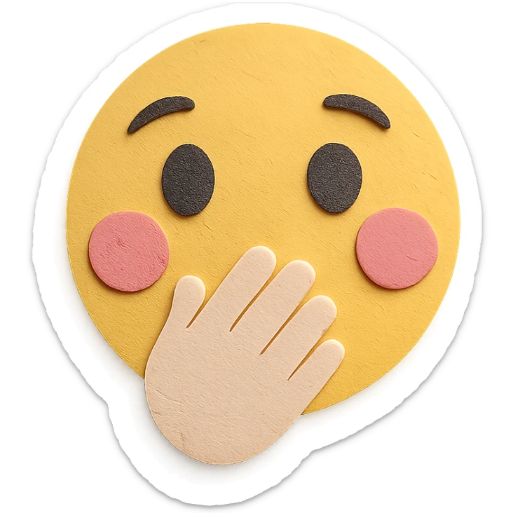 happy face with hand over mouth, wide eyes, pink cheeks, paper craft style sticker