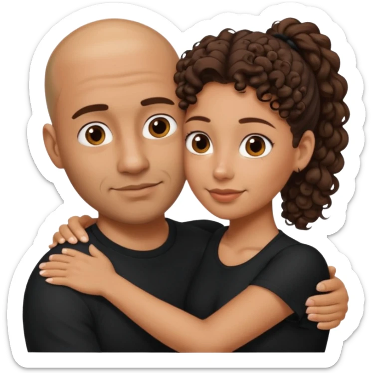 A picture of a tanned couple embracing. the man is a Mexican man with tanned skin, a bald hair cut, short beard and wearing a black shirt. the woman is mixed, with curly brown hair in a pony tail and with big boobs  sticker