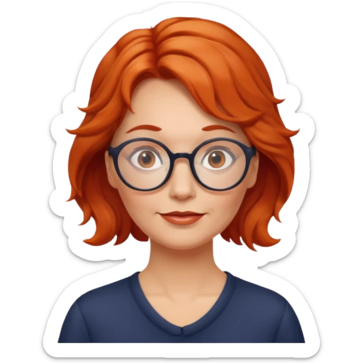 middle-aged woman from Norway, red-orange wavy hair tied to the left, large round glasses, gentle expression sticker