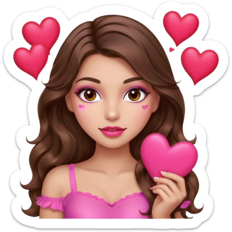 girl with long wavy brown hair, brown eyes, long lashes makeup, sexy pink lips, light to medium complexion, wearing a pink sexy top, many  hearts in hand sticker