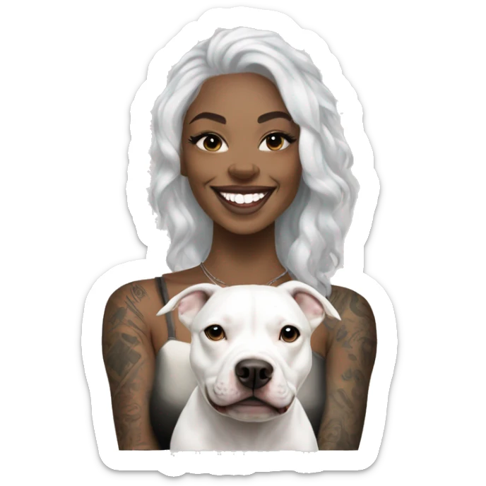 light skin woman with a face tattoo of a cross and long wavy black hair expressing joy alongide a white miniature pitbull  sticker