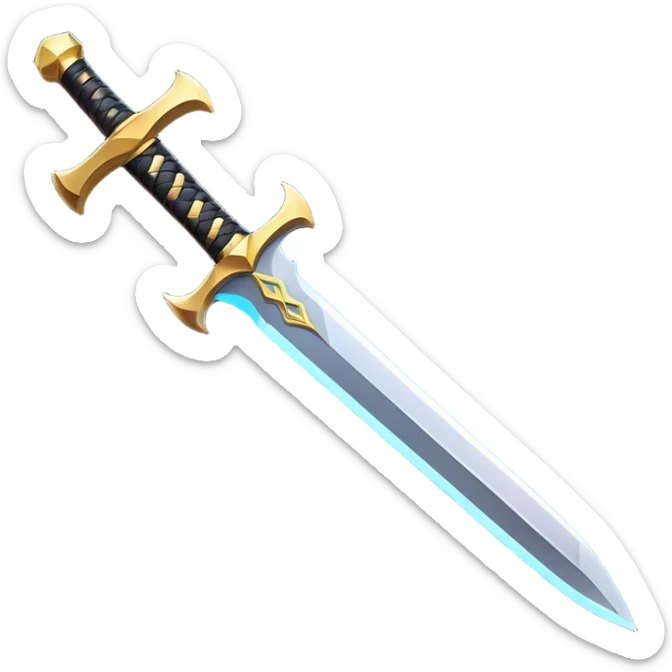 Clash of Clans aesthetic: Cinematic Playful Sword Emoji, rendered in a 3D vector-style similar to standard emojis with minimal shading and bold, simplified shapes. A compact, isometric blade with a gleaming, intricately designed hilt and a razor-sharp edge, softly glowing with a heroic, battle-ready charm. Simplified yet unmistakably iconic, highly detailed and consistent, glowing with a soft radiant brilliance and high shine. Stylized with a touch of medieval finesse and a soft glowing outline, capturing the essence of a legendary sword with a friendly, playful vibe! sticker