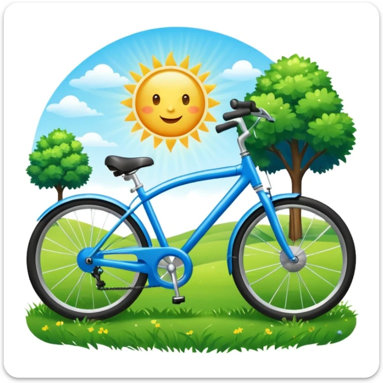 blue bike emoji with a park scene behind, green grass, sun in the sky, friendly and colorful sticker