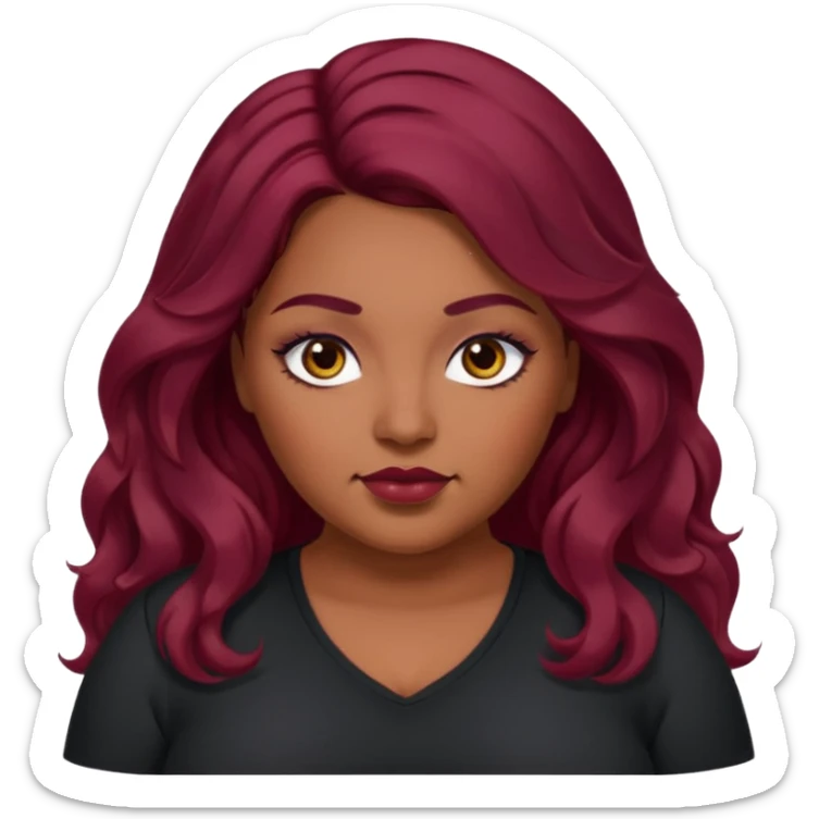 Plus size red hair brown face small eyes long hair Asian eyes small eyes wavy hair eye lashes burgundy hair black shirt sticker
