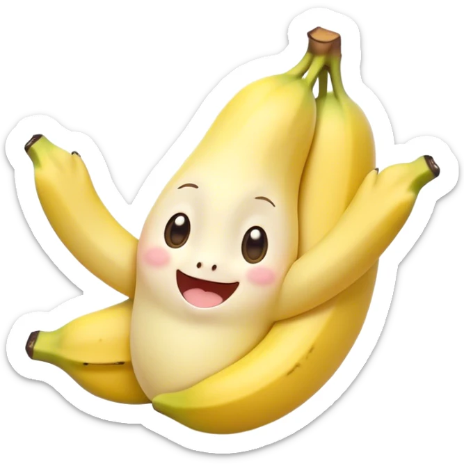 Cute Kawaii Banana, slightly curved, soft pastel yellow, cute giggling face with big round eyes, tiny arms waving happily, a peeled section revealing a smiling expression! sticker