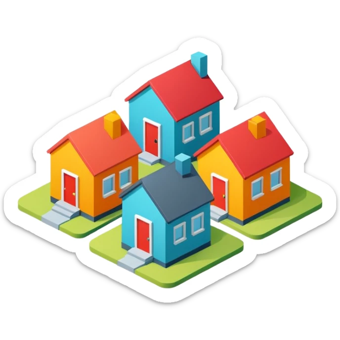 group of 3 houses representing neighborhood isometric houses on transparent background similar in style to the iphone icons sticker